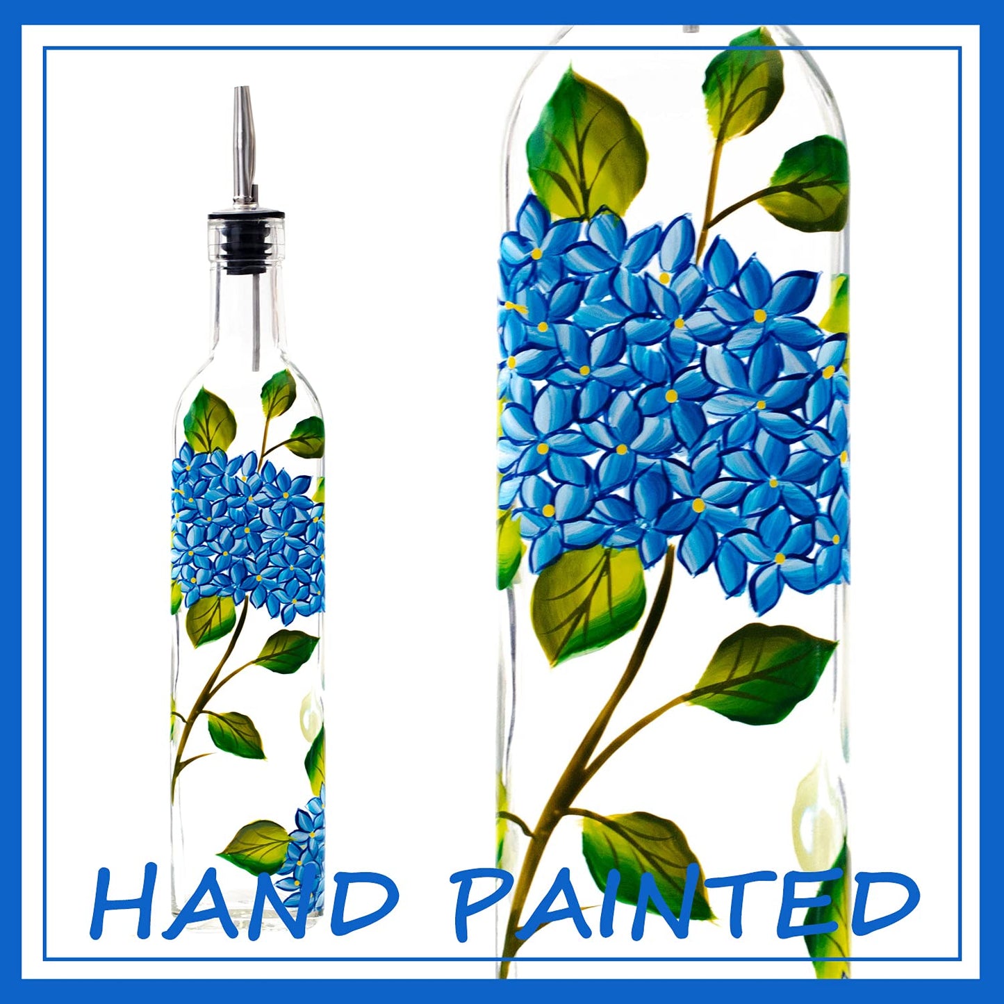 YIYUKODO 17oz Hand Painted Glass Olive Oil Bottle Dispenser - 500ml Green Oil & Vinegar Cruet with Pourers - Olive Oil Carafe Decanter for Kitchen (hydrangea)