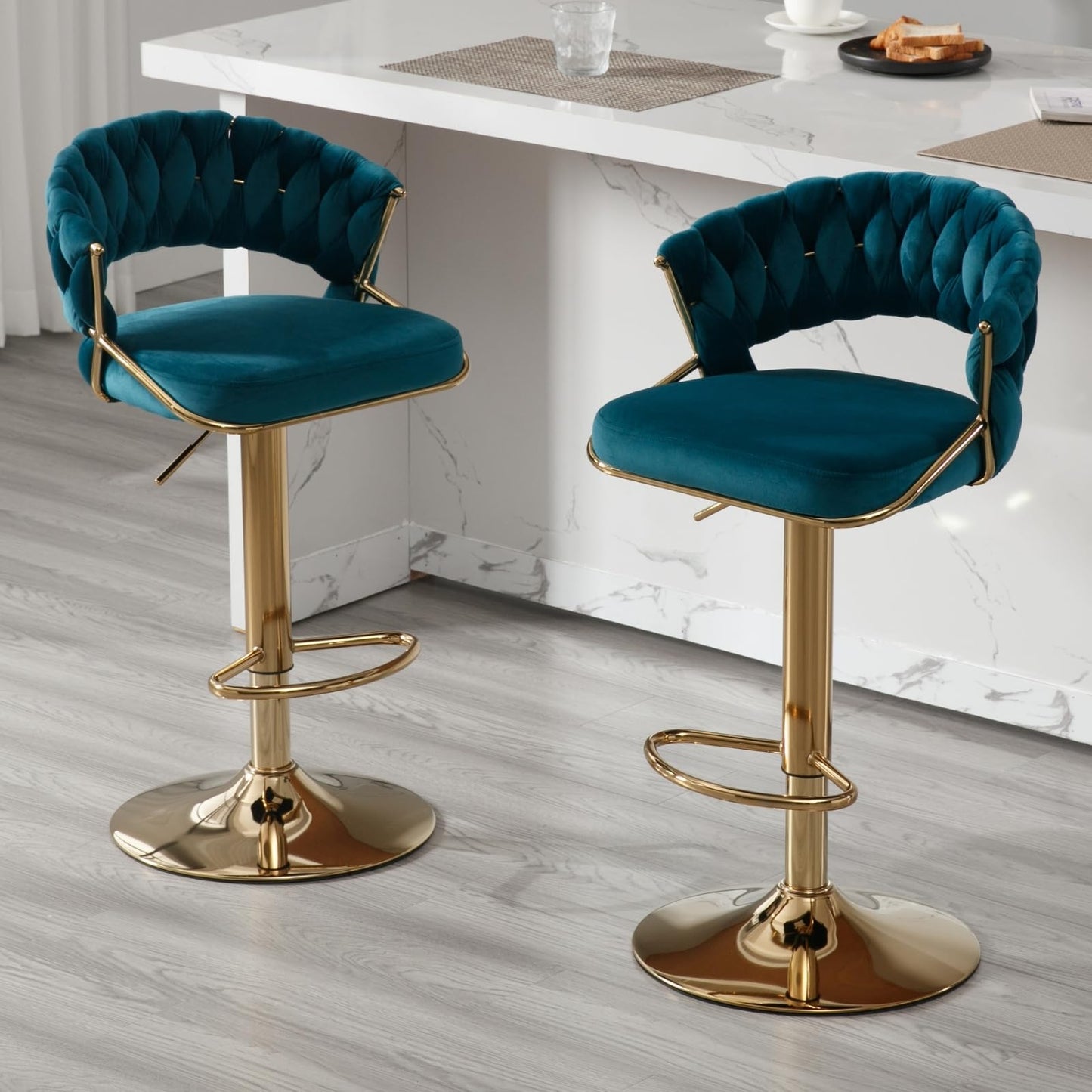 Modern Teal Green Velvet and Gold Swivel Bar Stools (Set of 2)