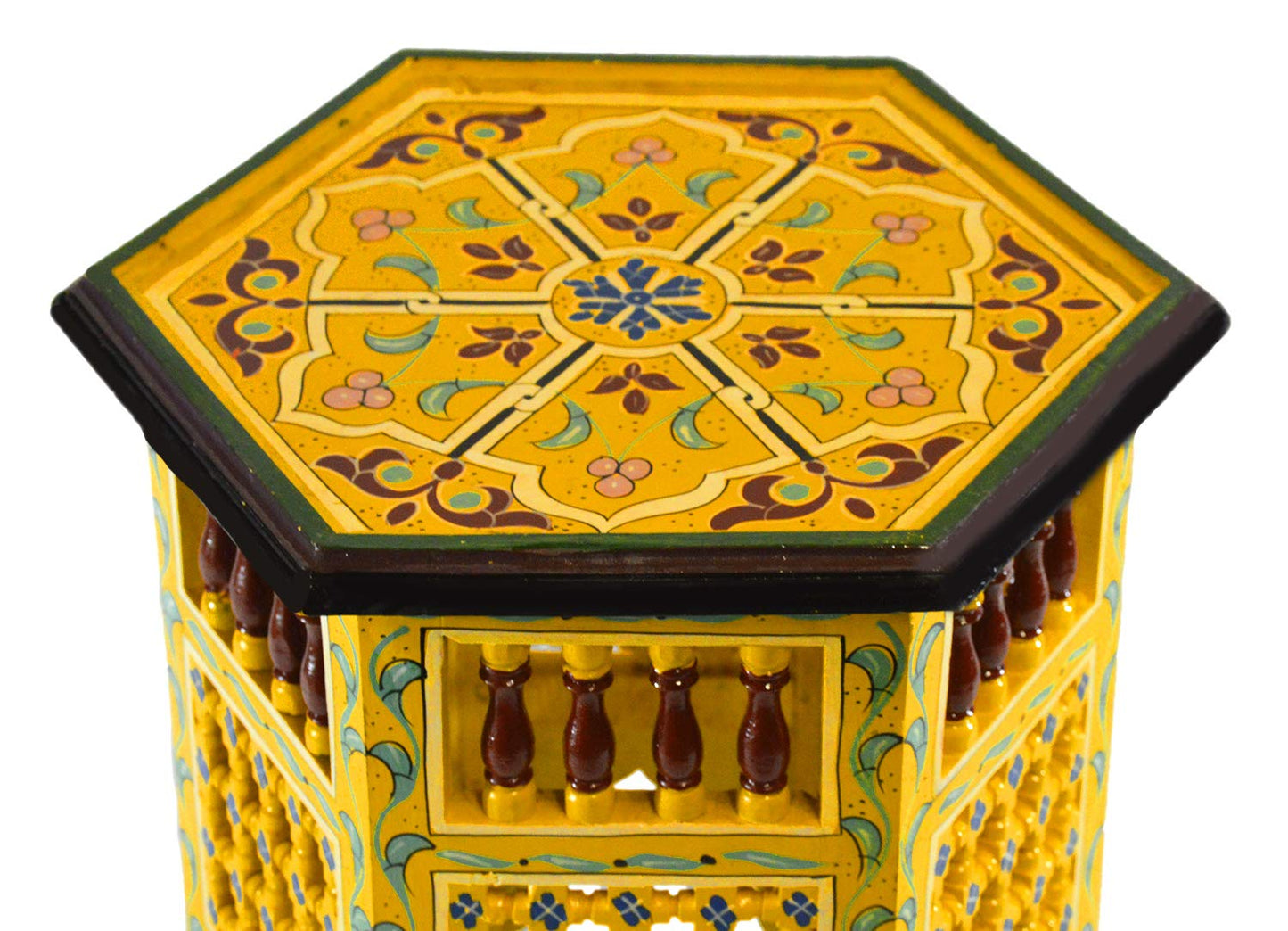 Moroccan Handmade Wood Table Side Moucharabi Delicate Hand Painted Yellow