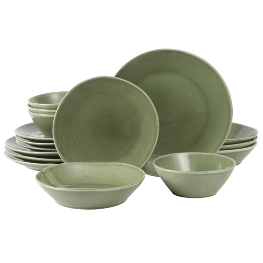 Bloomhouse - Oprah's Favorite Things - Montecito Breeze 16 Piece (Service for 4) Double Plates and Bowls Stoneware Reactive Glaze Dinnerware Set - Cyprus Green