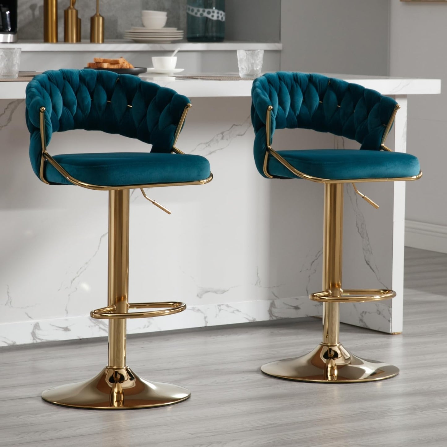 Modern Teal Green Velvet and Gold Swivel Bar Stools (Set of 2)
