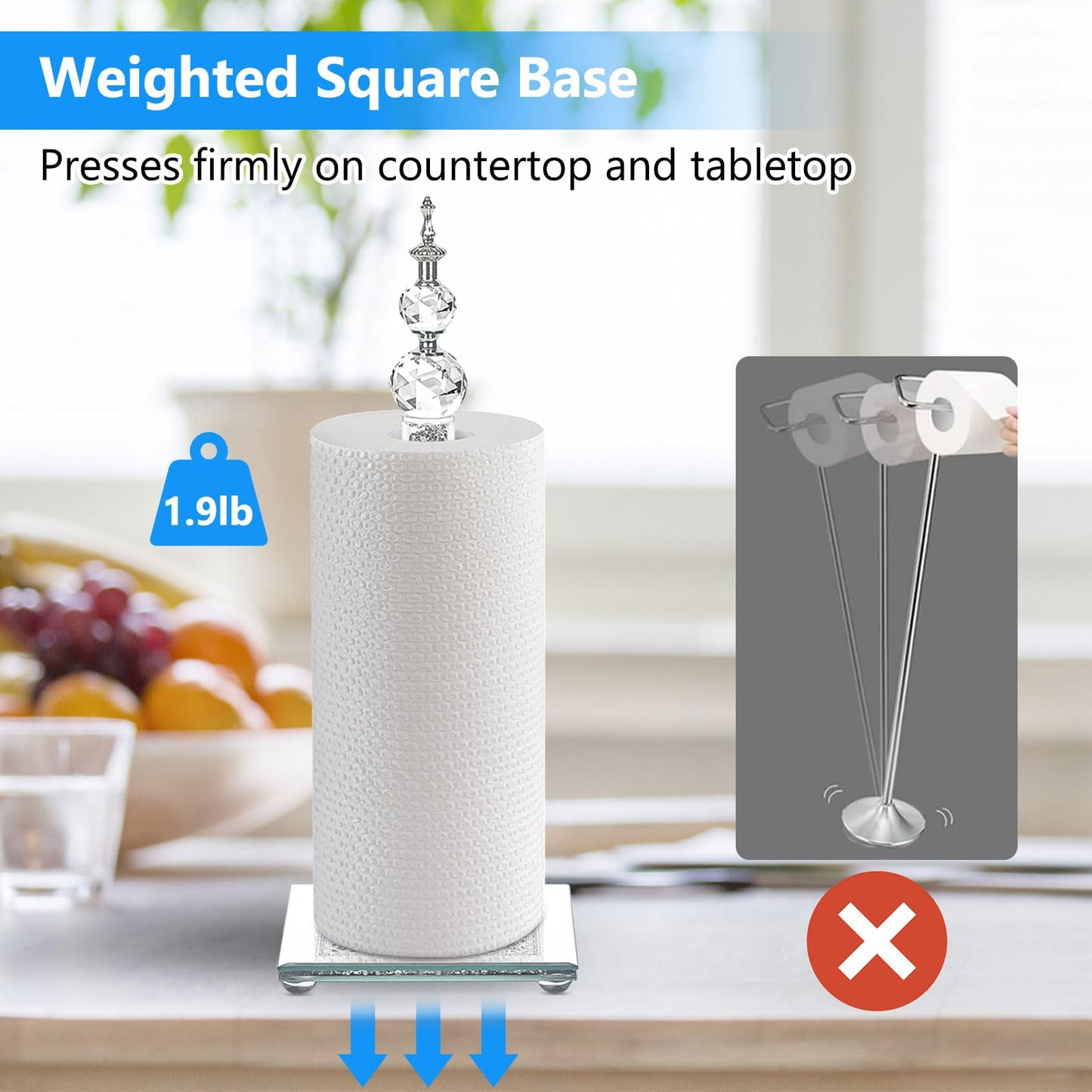 Crystal Paper Towel Holder, Bling Silver Paper Towel Roll Holder, Decorative Standing Paper Towel Holder for Kitchen Countertops Bathroom, Paper Towel Dispenser with Weighted Base (Square/Silver)