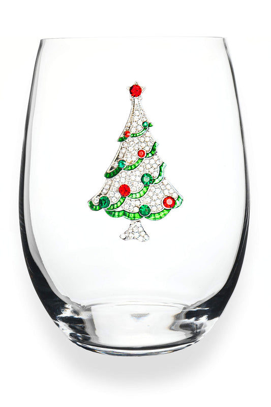 Christmas Tree Jeweled Stemless Wine Glass, 21 oz. - Unique Gift for Women, Birthday, Cute, Fun, Holiday, Not Painted, Decorated, Bling, Bedazzled, Rhinestone