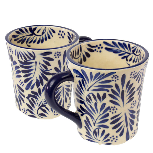 Global Crafts Encantada Handmade Hand-Painted Authentic Mexican Pottery Mugs (2-Pack, Blue Plumeado)