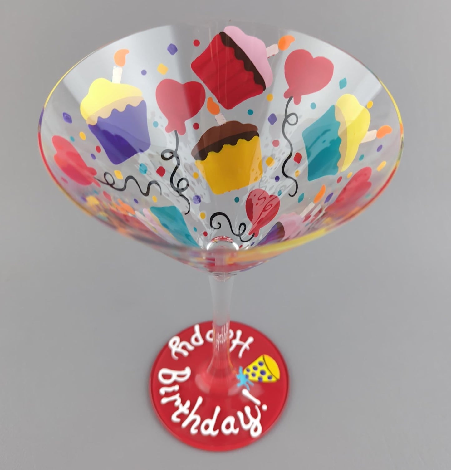 Handpainted Happy Birthday Martini Glass - Hand Painted - Cupcakes, Confetti and Heart Shaped Balloons - Colorful and Cheerful