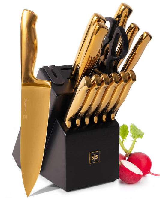 Black and Gold Knife Set with Block – 14-Piece Ultra-Sharp Full Tang Knives with Self-Sharpening Knife Block – Stylish Black and Gold Kitchen Accessories and Decor