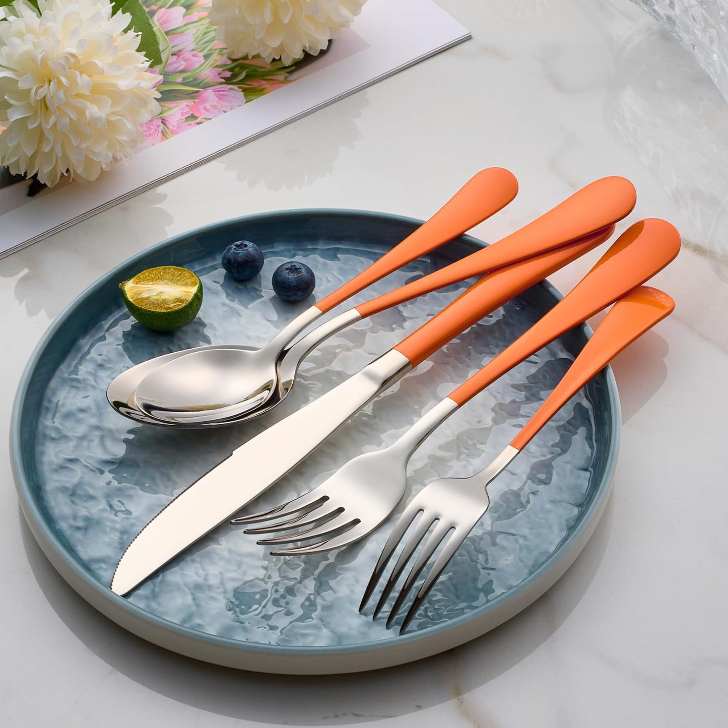 Tangerine 20-Piece  Silverware Set 18/0 Stainless Steel Flatware Orange Handle Cutlery Set Service for 4 Dinner Knives Forks Spoons Set Mirror Finish Dishwasher Safe