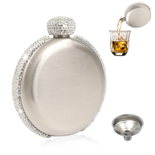 Elegant Liquor Flask for Women, Leakproof Wine Flasks 304 Stainless Steel Rhinestone Portable Flask with Funnel, Women Girls Bling Gift (Silver/5 oz.)