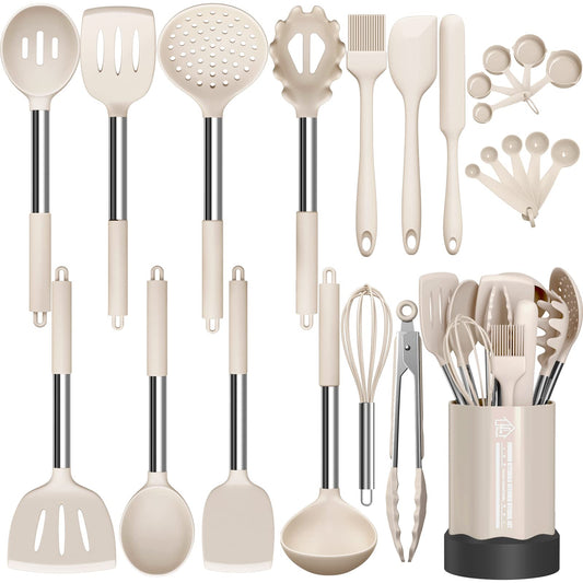 Khaki 24-Piece Silicone Cooking Utensil Set, Fungun Non-stick Kitchen Utensil 24 Pcs Cooking Utensils Set, Heat Resistant Cookware, Silicone Kitchen Tools Gift with Stainless Steel Handle (Khaki-24pcs) …