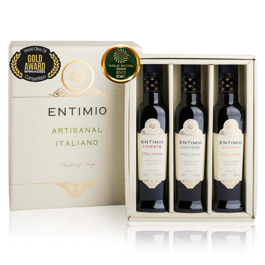 Entimio Collection +600 to +900 mg/kg Organic Extra Virgin Olive Oil Set, New 2024-2025 Early Harvest Italian Olive Oil from Italy, 2024 Gold Winner, Cold Extracted, Lab Tested - 25.5 (3 x 8.5) Fl. Oz.