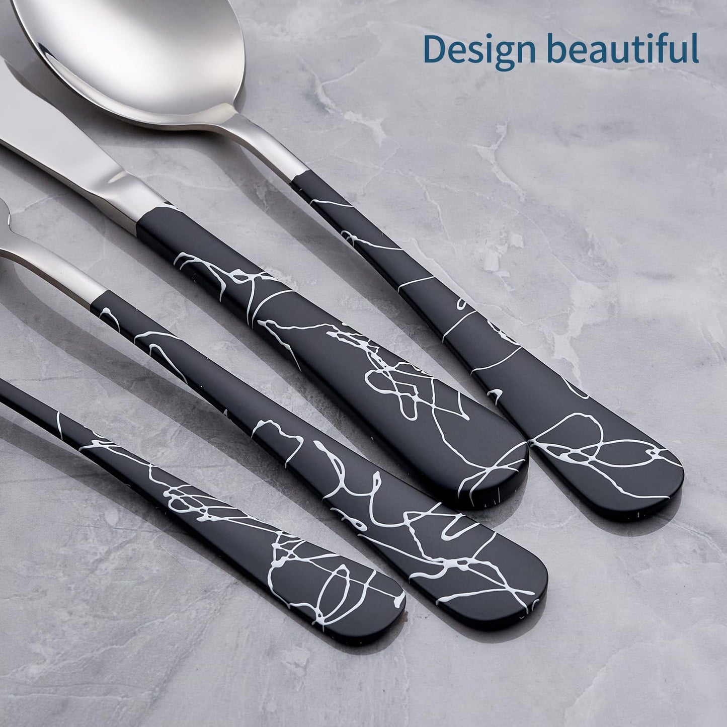 Black Cracks 20-Piece  Silverware Set 18/0 Stainless Steel Silverware Set Cutlery Black Set Service for 4 Dinner Knives Forks Spoons Set Flatware Set Finish Dishwasher Safe