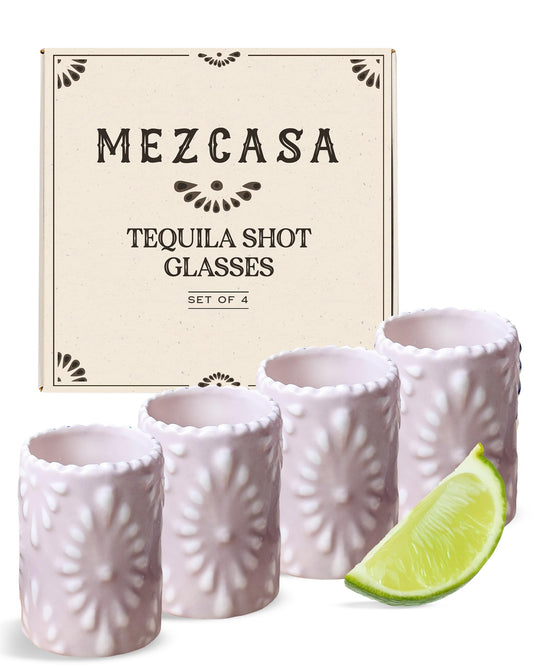 MEZCASA Talavera Shot Glasses — 100% Handmade Ceramic Tequila Shot Glasses with Talavera Mexican Pottery Design — Perfect Tequila Gifts for Women & Men for Any Occasion (BLUSH PINK| SET OF 4)