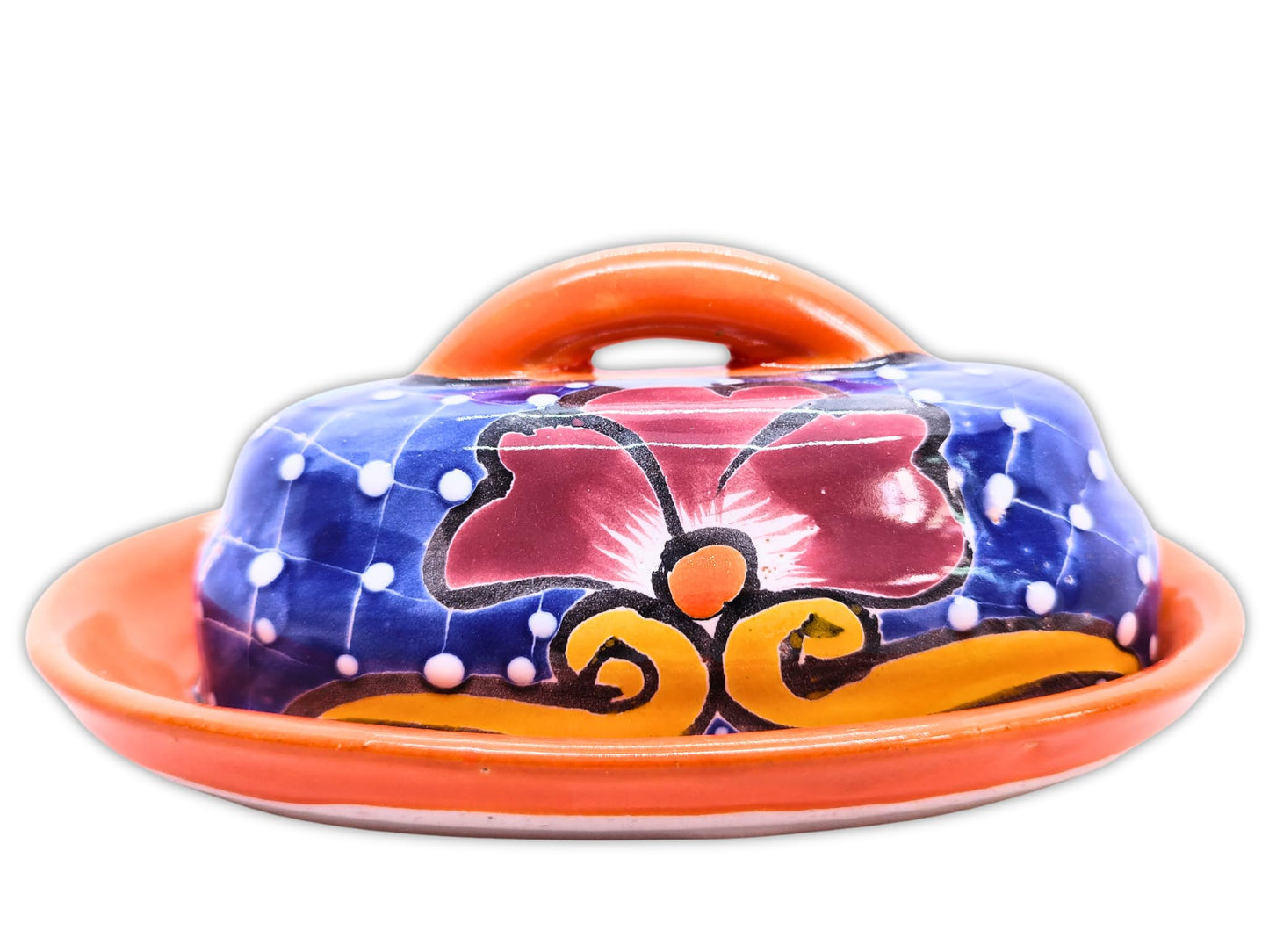 MEXTEQUIL - Butter Dish Ceramic Talavera with Lid Hand Painted Authentic Mexican Pottery Kitchen Floral Design (Orange)