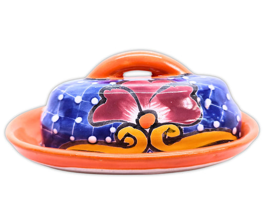 MEXTEQUIL - Butter Dish Ceramic Talavera with Lid Hand Painted Authentic Mexican Pottery Kitchen Floral Design (Orange)