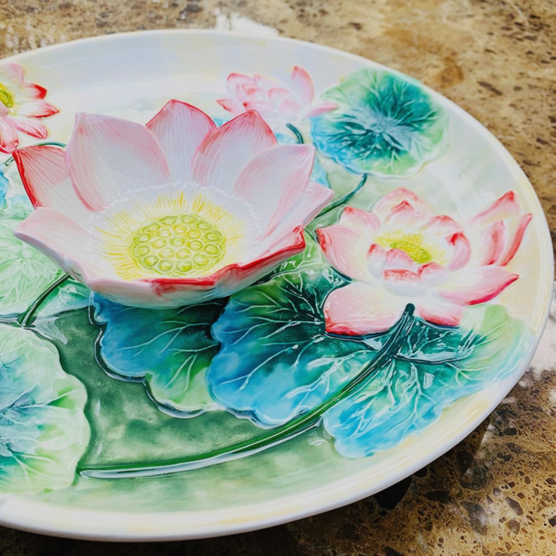 Handpainted 12-Inch Ceramic Chip and Dip Platter with Lotus Flower Design