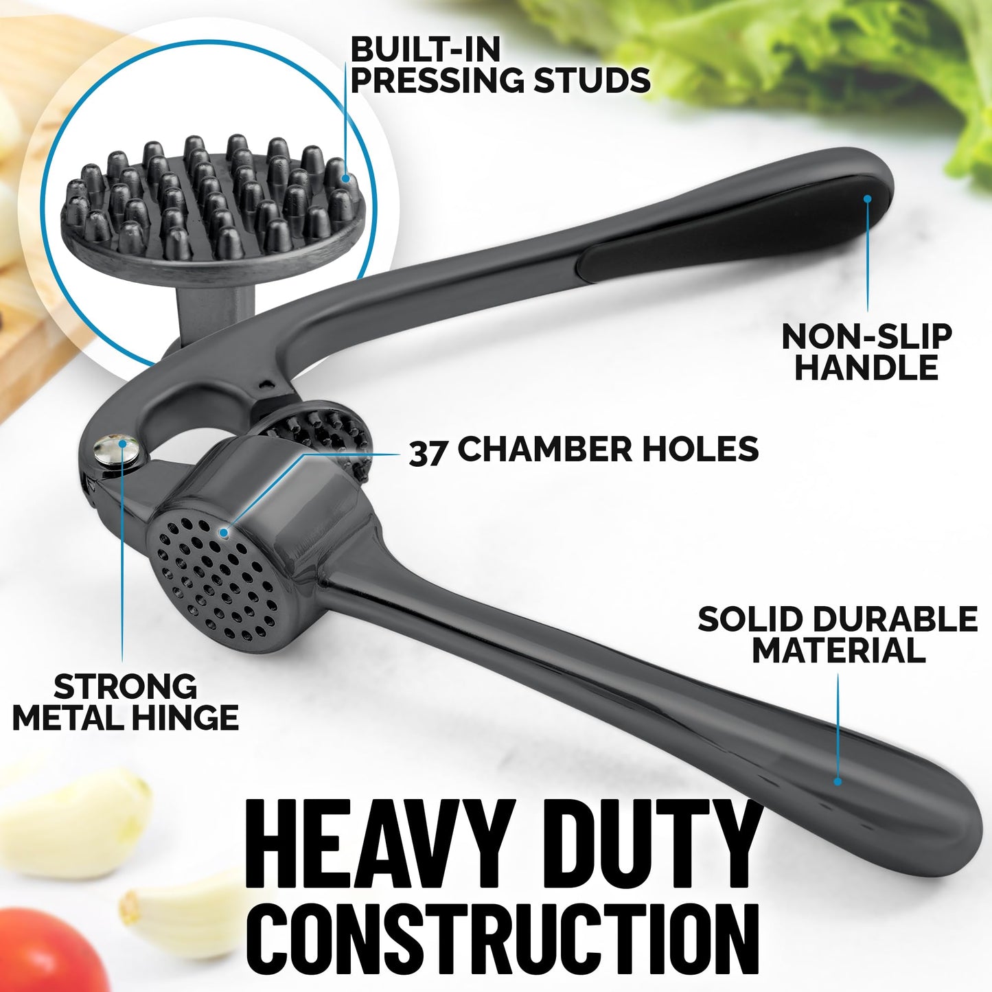 Zulay Kitchen Premium Garlic Press Set - Rust Proof and Dishwasher Safe Professional Garlic Mincer Tool - Easy-Squeeze, Easy-Clean with Soft, Ergonomic Handle - Silicone Garlic Peeler and  Brush-Dark Gray