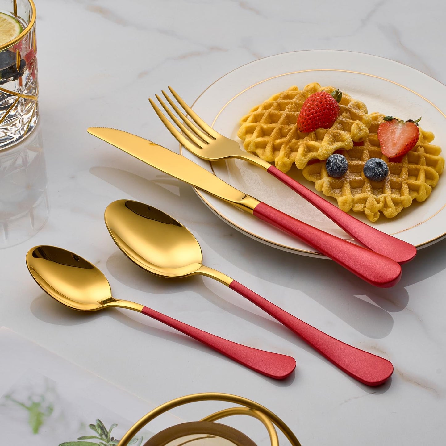 Red and Gold 20-Piece Silverware Set 18/0 Stainless Steel Flatware Red Handle Cutlery Set Service for 4 Dinner Knives Forks Spoons Set Mirror Finish Dishwasher Safe