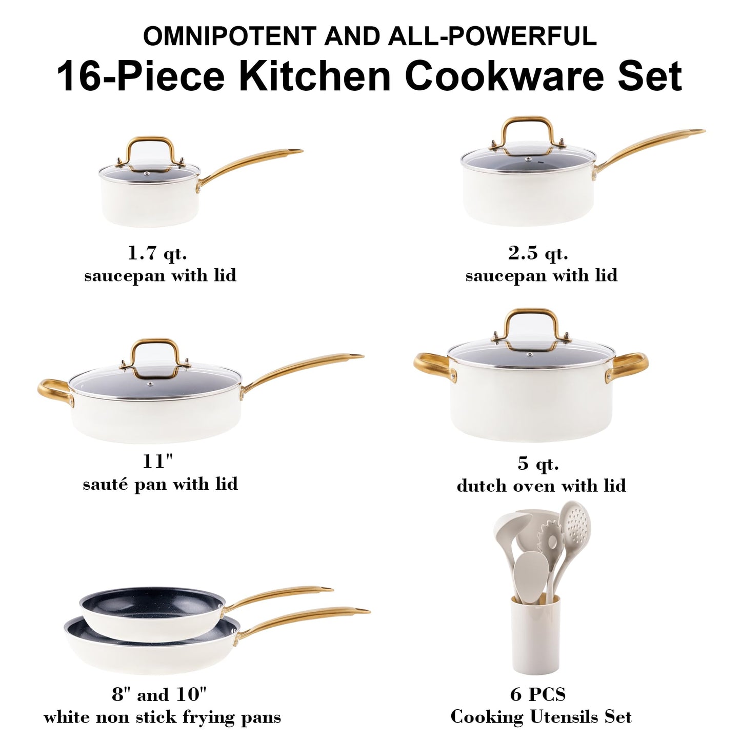 Ceramic Pots and Pans Set - 16-Piece Kitchen Cookware Sets Nontsick Non Toxic Cookware Set With Dutch Oven, Frying Pan, Saucepan, Sauté Pan, Cooking Utensils Set, Gold Pots and Pans for Cooking Set Gifts