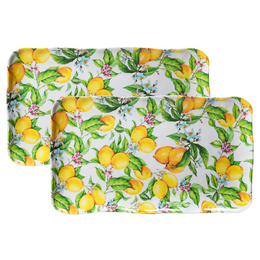 Lemon Print Large,  Rectangular Melamine Tray/Platters, Set of 2, 17.5" x 10", 2-Piece Melamine Platters Serving Set, Dishwasher Safe