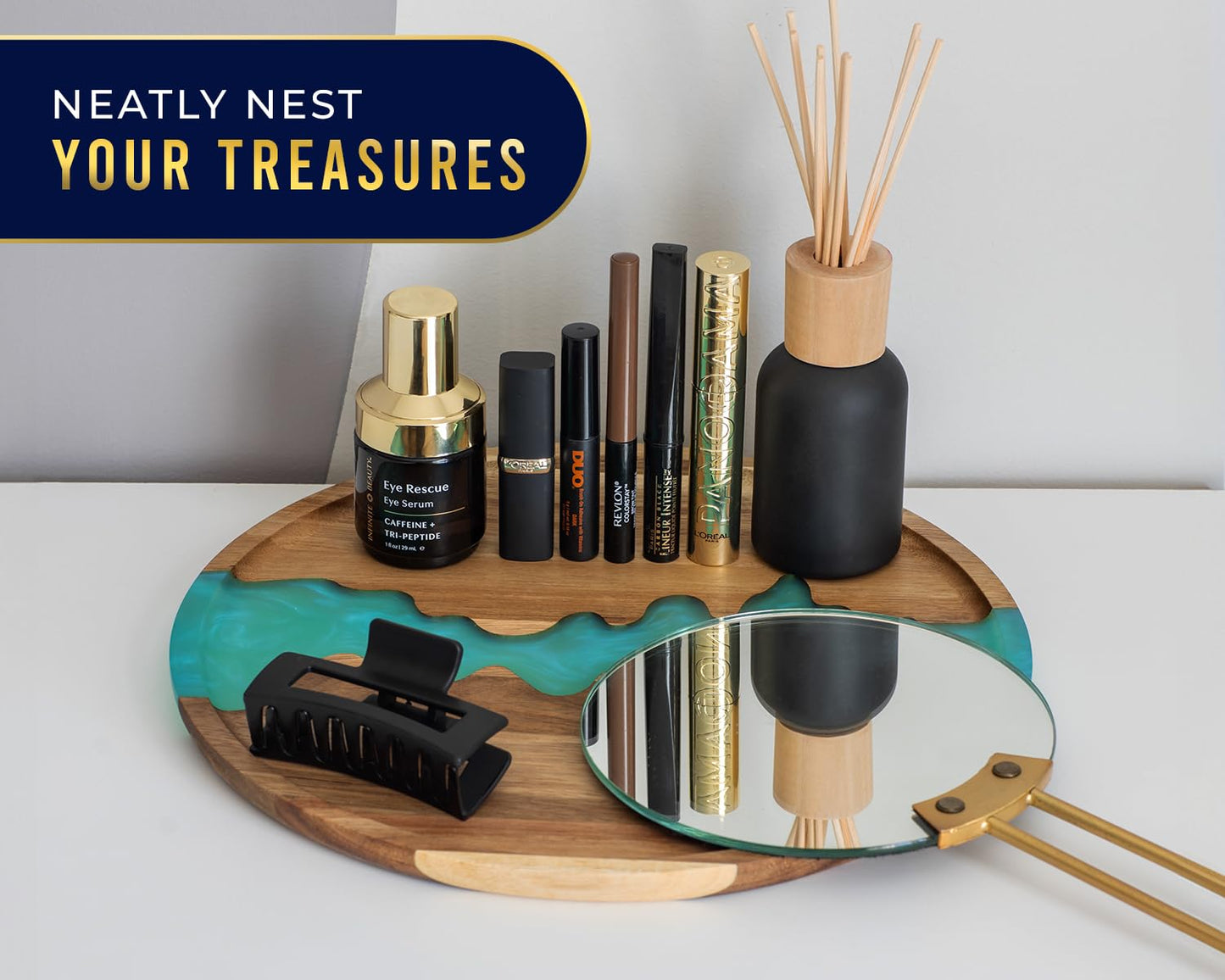 Visually Stunning Celeste Blue Resin + Acacia Wood Serving Tray - Modern Round 12" Serving Tray for Food, Breakfast in Bed, Coffee Table, Decor, Organization, Snacks, Patio, Lap Tray