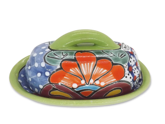 MEXTEQUIL - Butter Dish Ceramic Talavera with Lid Hand Painted Authentic Mexican Pottery Kitchen Floral Design (Green)