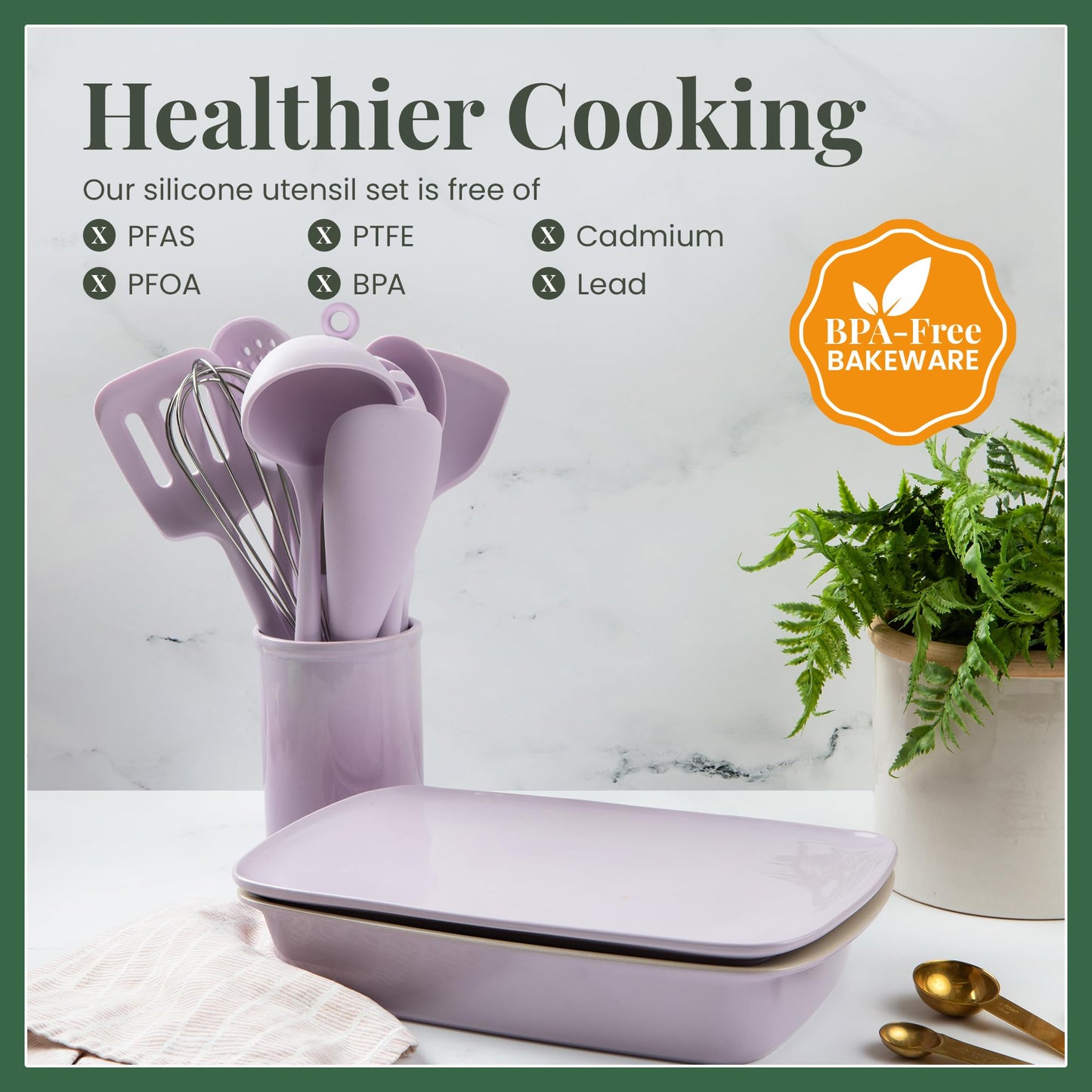 Lavender 12-Piece Silicone Cooking Utensils Set | Silicone Utensils with Stainless Steel Handle and Ceramic Holder | Kitchen Utensils Set | Dishwasher Safe Set of Kitchen Essentials | Lavender