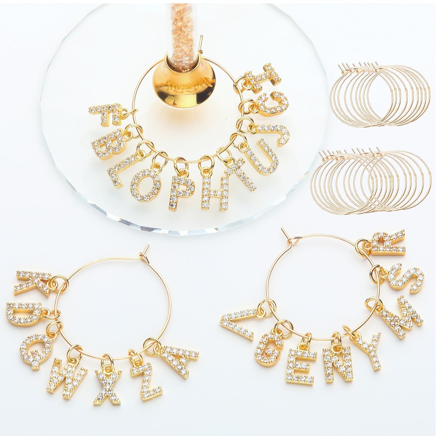 Pride & par Gold Bling Letter Wine Glass Charms 26 piece/Set Diamond Wine Glass Markers for Stem Glasses Shinny Wine Glass Decoration Mix & DIY for Weddings Parties