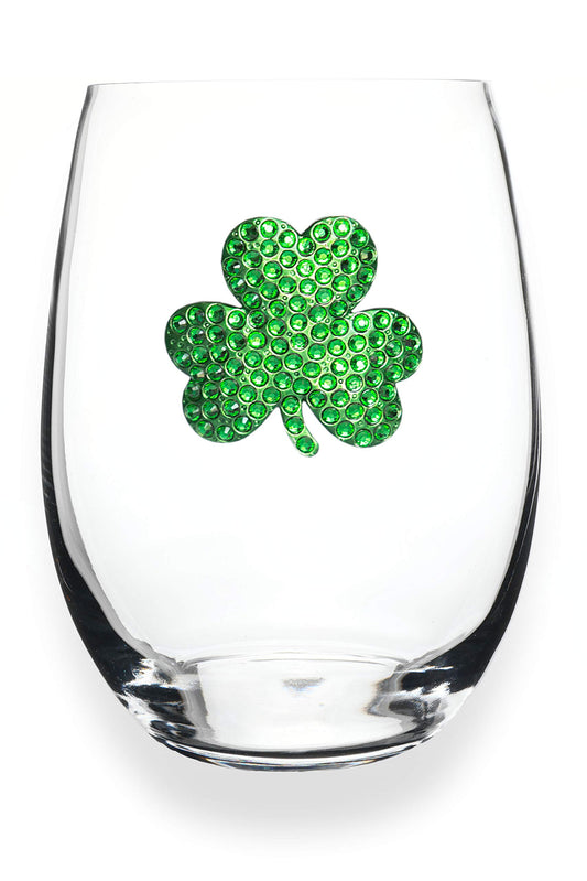 Shamrock Jeweled Stemless Wine Glass, 21 oz. - Unique Gift for Women, Birthday, Cute, Fun, St Patricks Day, Not Painted, Decorated, Bling, Bedazzled, Rhinestone