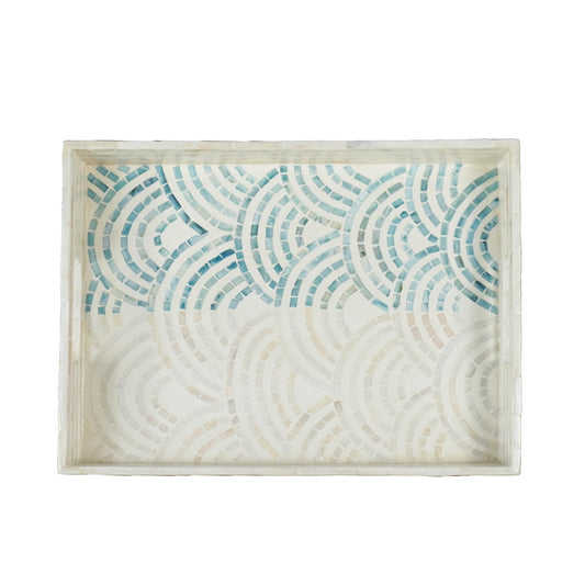 Striking Mother of Pearl Rectangular Serving Tray Nacre Wood Lap Ottoman Tray for Coffee Table, Luxury Decorative Handmade Eating Platters w Insert Handles (Blue Wave)