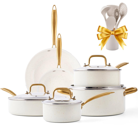 Ceramic Pots and Pans Set Nonstick - Kitchen Cookware Sets Non Toxic Cookware Set With Dutch Oven, Frying Pan Set, Saucepan, Sauté Pan, Cooking Utensils Set, White Gold Pans for Cooking Pot Set Gifts