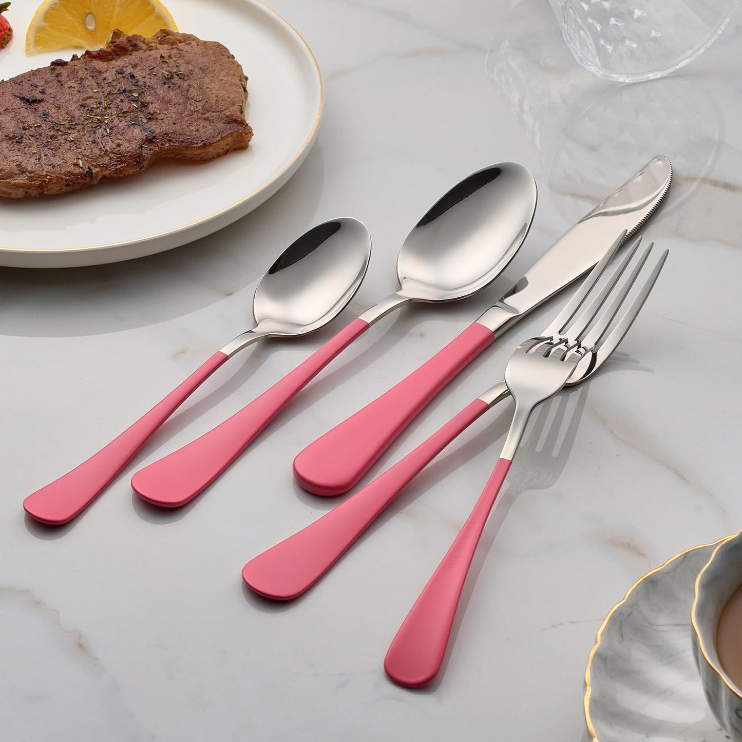 Cotton Candy Pink 20-Piece Silverware Set 18/0 Stainless Steel Flatware Pink Handle Cutlery Set Service for 4 Dinner Knives Forks Spoons Set Mirror Finish Dishwasher Saf