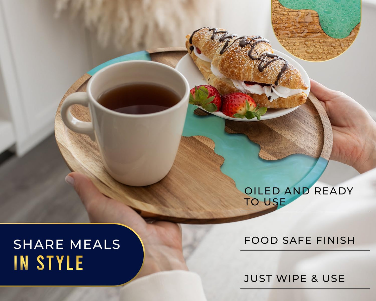 Visually Stunning Celeste Blue Resin + Acacia Wood Serving Tray - Modern Round 12" Serving Tray for Food, Breakfast in Bed, Coffee Table, Decor, Organization, Snacks, Patio, Lap Tray