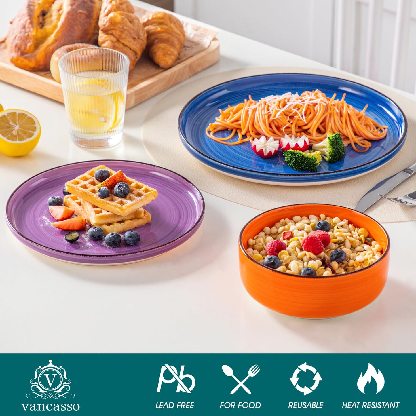vancasso Bonita Dinnerware Sets 18 Pieces, Stoneware Dishes Set for 6, Plates Set and Bowls Set, Dinshwasher and Microwave Safe, Multicolor