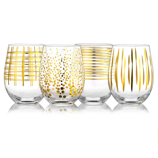 Joeyan Hand Blown Stemless Wine Glasses with Gold Dots Swirls Grids Strips Pattern for Red White Wine,Large Drinking Glass Cups,Wine Glass Tumblers for Wedding Party Home,Set of 4,17.5 oz