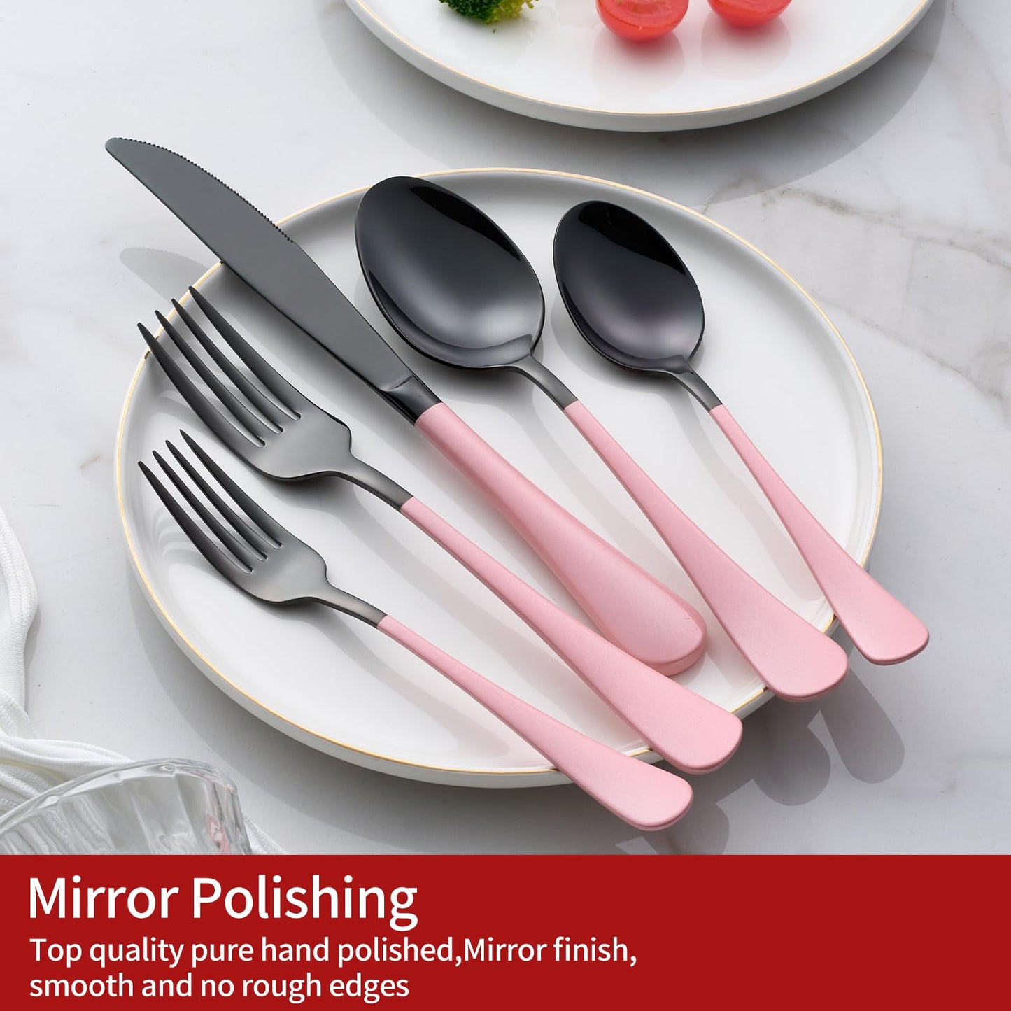Black and Pink 20-Piece Silverware Set 18/0 Stainless Steel Flatware Warm Pink Handle Cutlery Set Service for 4 Dinner Knives Forks Spoons Set Mirror Finish Dishwasher Safe