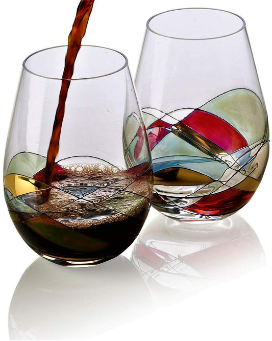 Bezrat Stemless Wine Glasses Set of Two | Hand Painted Large Premium Red and White Wine glasses | Lead-Free Crystal | Essential Wine Gift | 18 Ounces (Red)