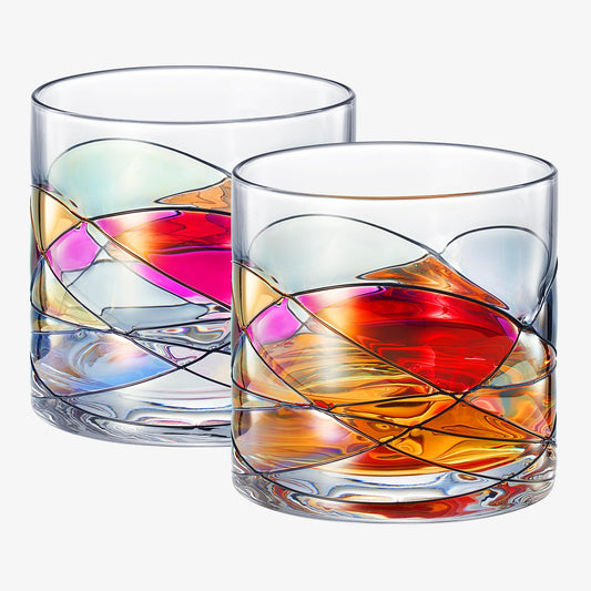 Artisanal Hand Painted Whiskey & Water Tumbler Glasses - Weddings , Gift for Her, Wife , Mom, Friends, Girlfriend, Renaissance Romantic Stain-glassed Windows, 2 Set - Gifts Idea Birthday, Housewarming