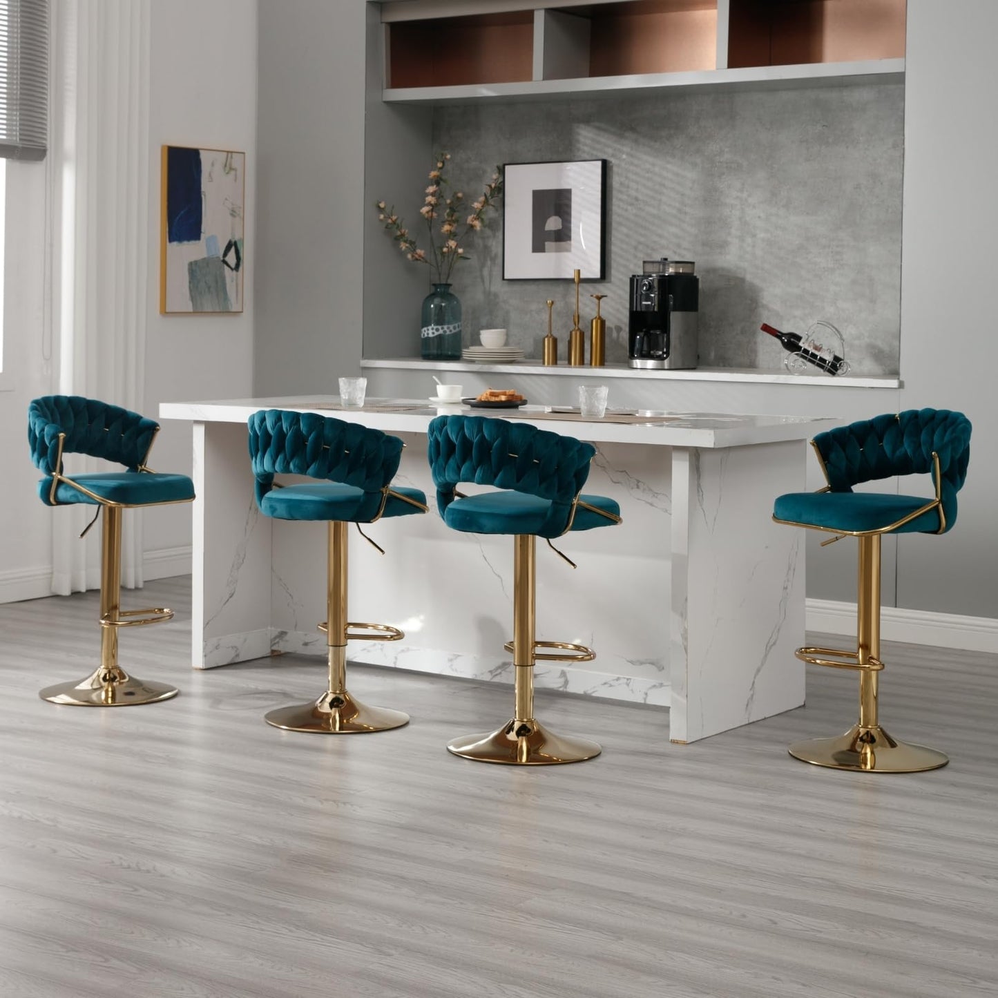 Modern Teal Green Velvet and Gold Swivel Bar Stools (Set of 4)