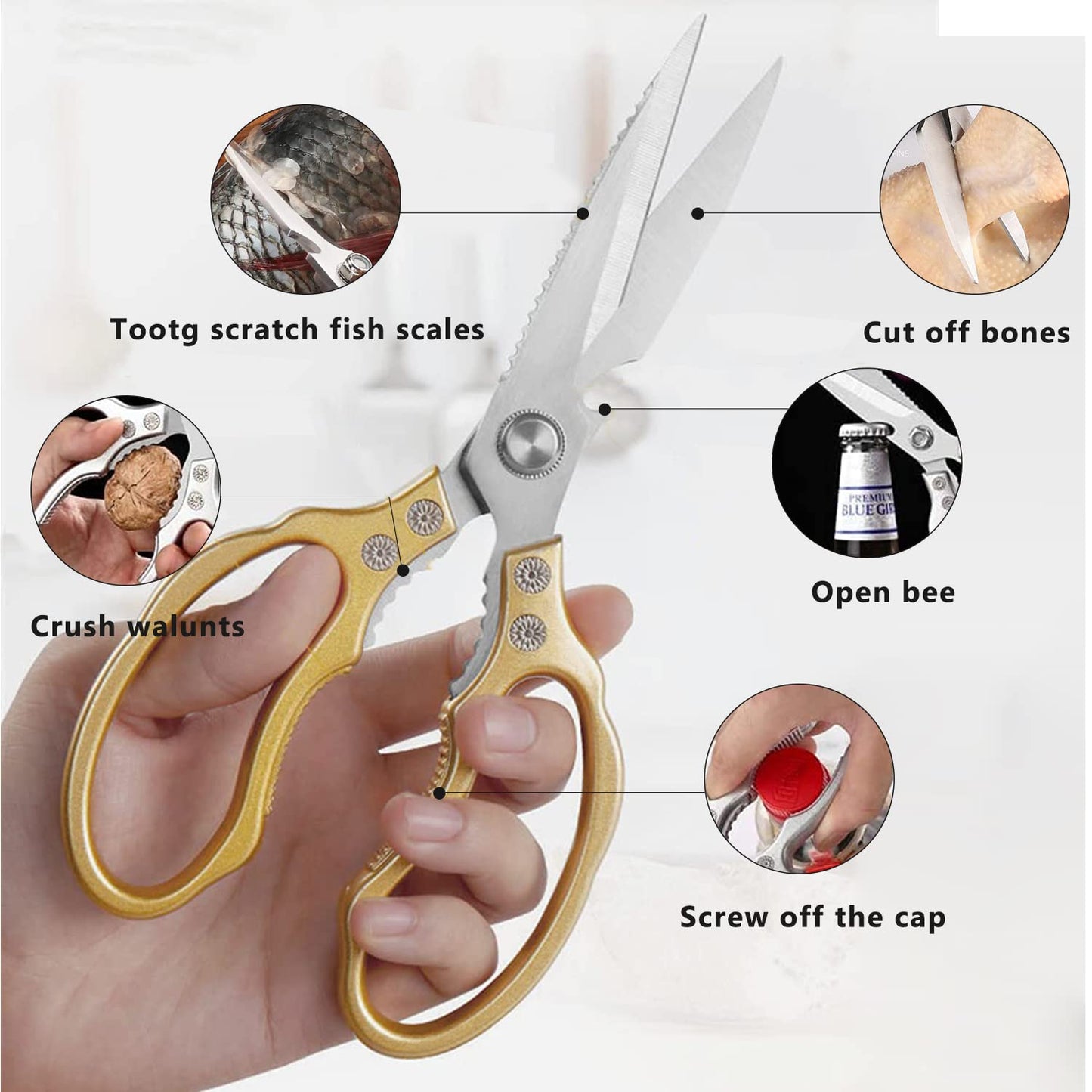 Sharp, Heavy Duty Kitchen Shears Dishwasher Safe,Gold Kitchen Accessories Cooking Shears for Kitchen Meat Chicken Fish Poultry Herb Bread (Gold Handle)