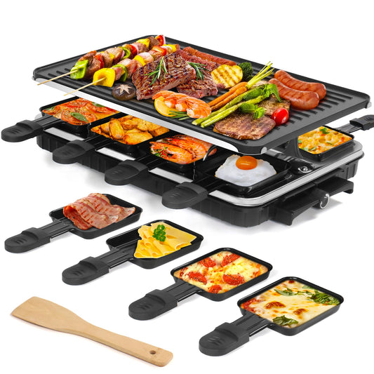 Party Grill with 8 Raclette Cheese Pans - Social Dining at its Best