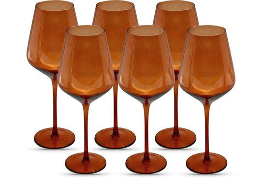 Saludi Original Dark Orange Leaf Wine Glasses, 16.5oz (Set of 6) Stemmed Single Color Rust Terracotta- Great for All Wine Types and Occasions or Gifts - Luxury, Durable, Hand-Blown