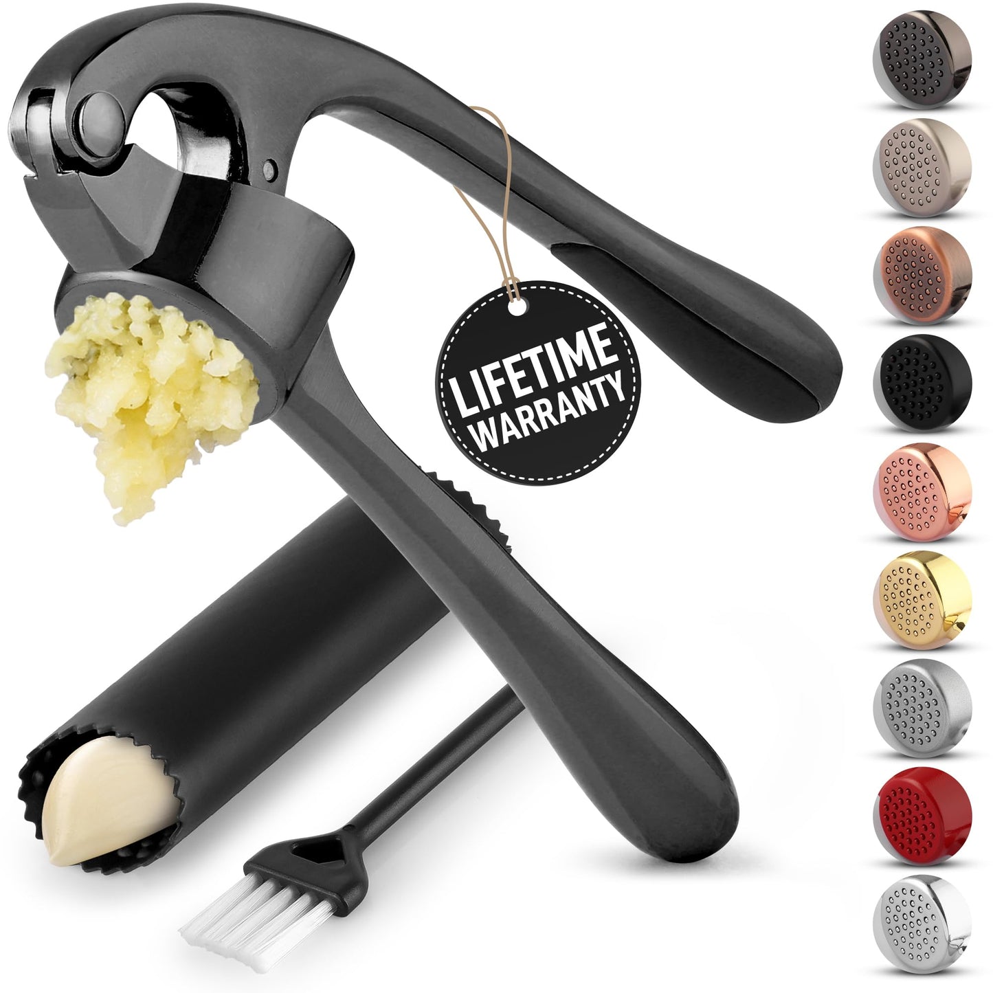 Zulay Kitchen Premium Garlic Press Set - Rust Proof and Dishwasher Safe Professional Garlic Mincer Tool - Easy-Squeeze, Easy-Clean with Soft, Ergonomic Handle - Silicone Garlic Peeler and  Brush-Dark Gray