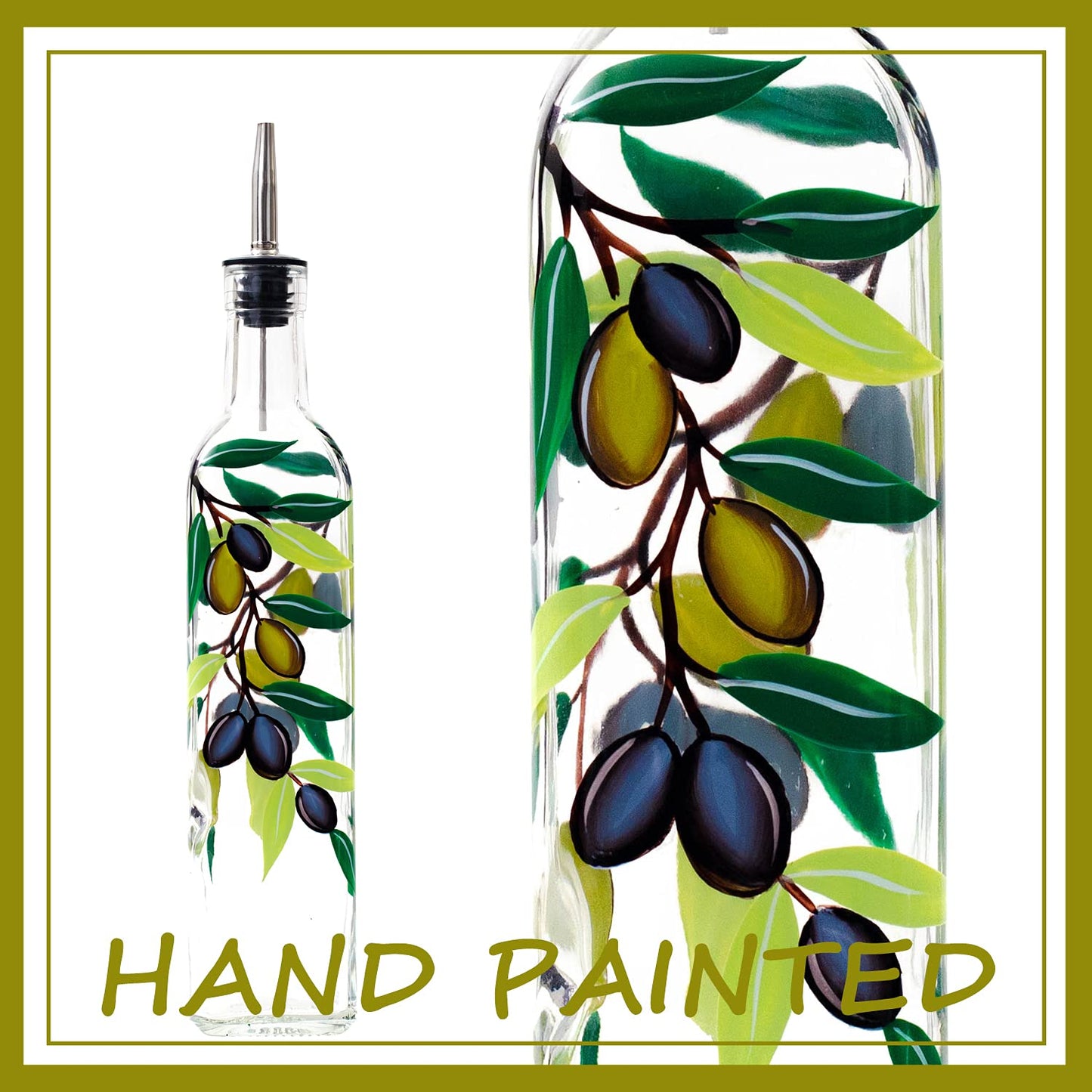 YIYUKODO 17oz Hand Painted Glass Olive Oil Bottle Dispenser - 500ml Green Oil & Vinegar Cruet with Pourers - Olive Oil Carafe Decanter for Kitchen (olive2)