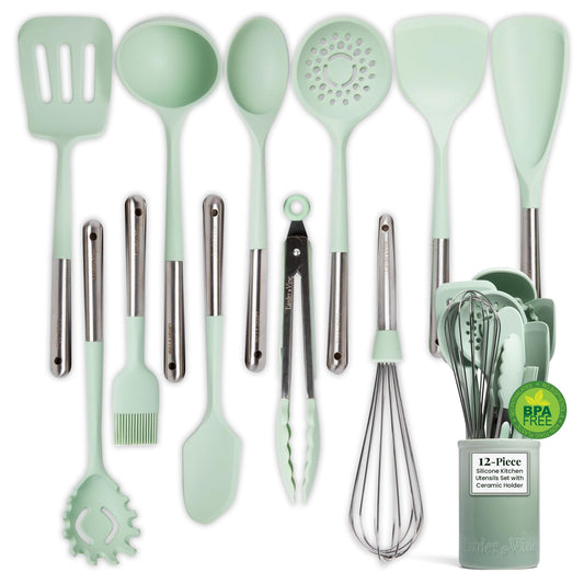 Sage 12-Piece Silicone Cooking Utensils Set | Silicone Utensils with Stainless Steel Handle and Ceramic Holder | Kitchen Utensils Set | Dishwasher Safe Set of Kitchen Essentials | Sage