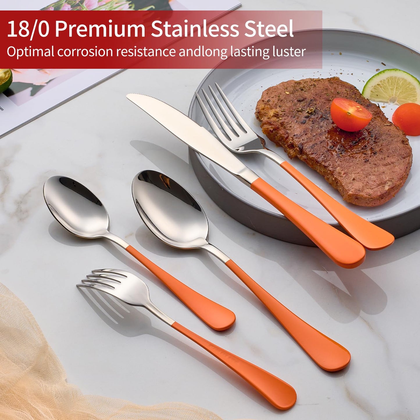 Tangerine 20-Piece  Silverware Set 18/0 Stainless Steel Flatware Orange Handle Cutlery Set Service for 4 Dinner Knives Forks Spoons Set Mirror Finish Dishwasher Safe