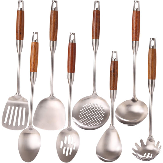18/10 Stainless Steel Kitchen Utensils Set with Wood Handle - 15” Metal Cooking Tools and Serving Utensil, 8-Pieces Cooking Spoons Set - Spatula, Ladle, Skimmer, Turner, Pasta, Solid Spoon, Slotted Spoon