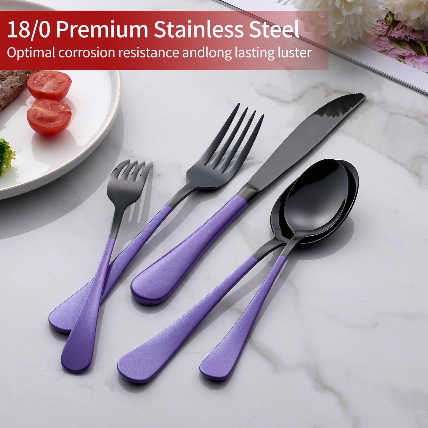 Black and Purple 20-Piece Silverware Set 18/0 Stainless Steel Flatware Purple Handle Cutlery Set Service for 4 Dinner Knives Forks Spoons Set Mirror Finish Dishwasher Safe