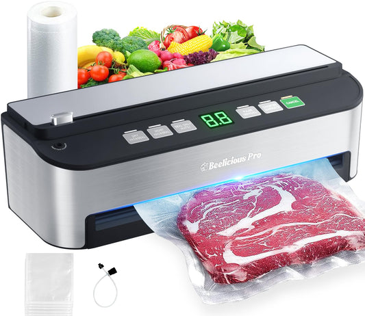 Vacuum Sealer Machine, Beelicious 85KPA Fully Automatic 8-in-1 Food Sealer with Bags Storage, Build-in Cutter, Moist Mode and Air Suction Hose | Digital Countdown | Sous Vide