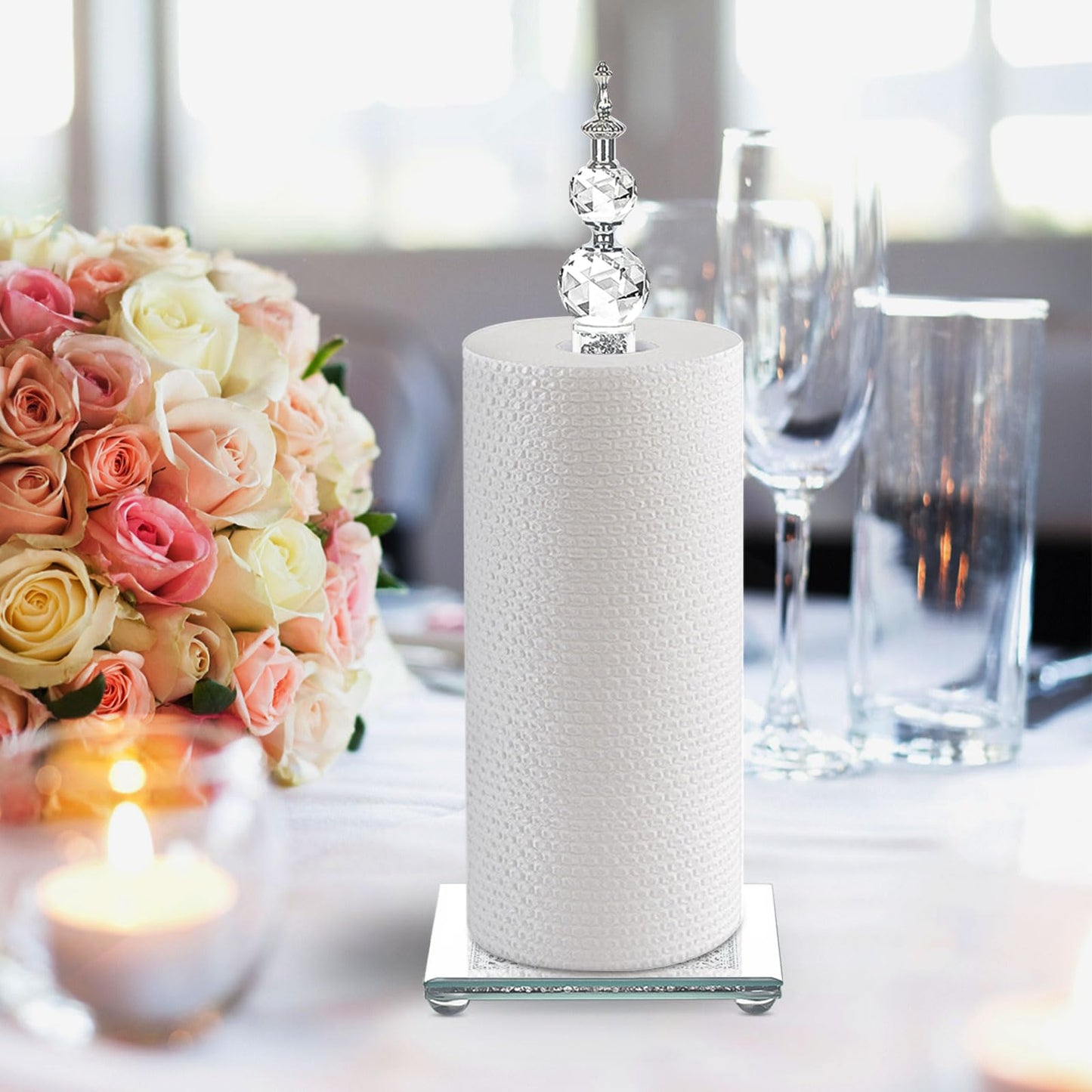 Crystal Paper Towel Holder, Bling Silver Paper Towel Roll Holder, Decorative Standing Paper Towel Holder for Kitchen Countertops Bathroom, Paper Towel Dispenser with Weighted Base (Square/Silver)