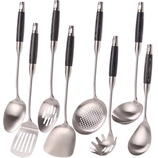18/10 Stainless Steel Kitchen Utensils Set with Wooden Handle, 8Pcs 15” Long Cooking Utensil Set & Kitchen Gadgets Cookware Set, Serving Utensils-Spatula, Turner, Pasta, Serving Spoon, Skimmer, Ladle